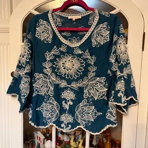 Solitaire Teal and White Embroidered Blouse